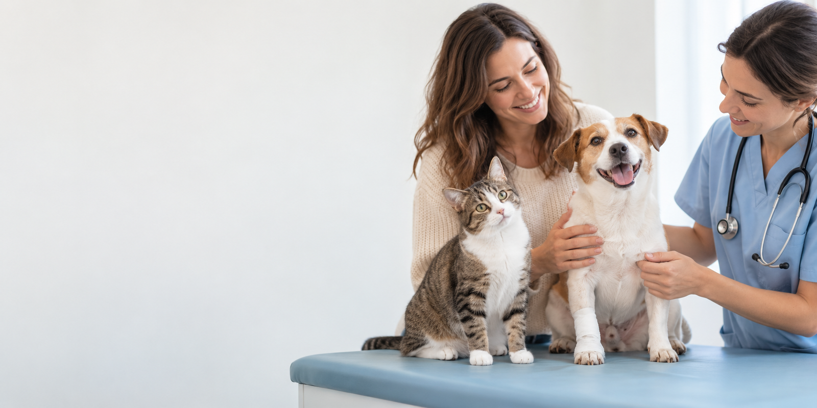 Vétérinaire examinant un chien à la patte bandée, avec sa famille et un chat