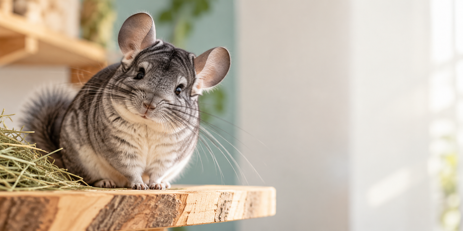 Chinchilla gris près de son foin dans un intérieur lumineux