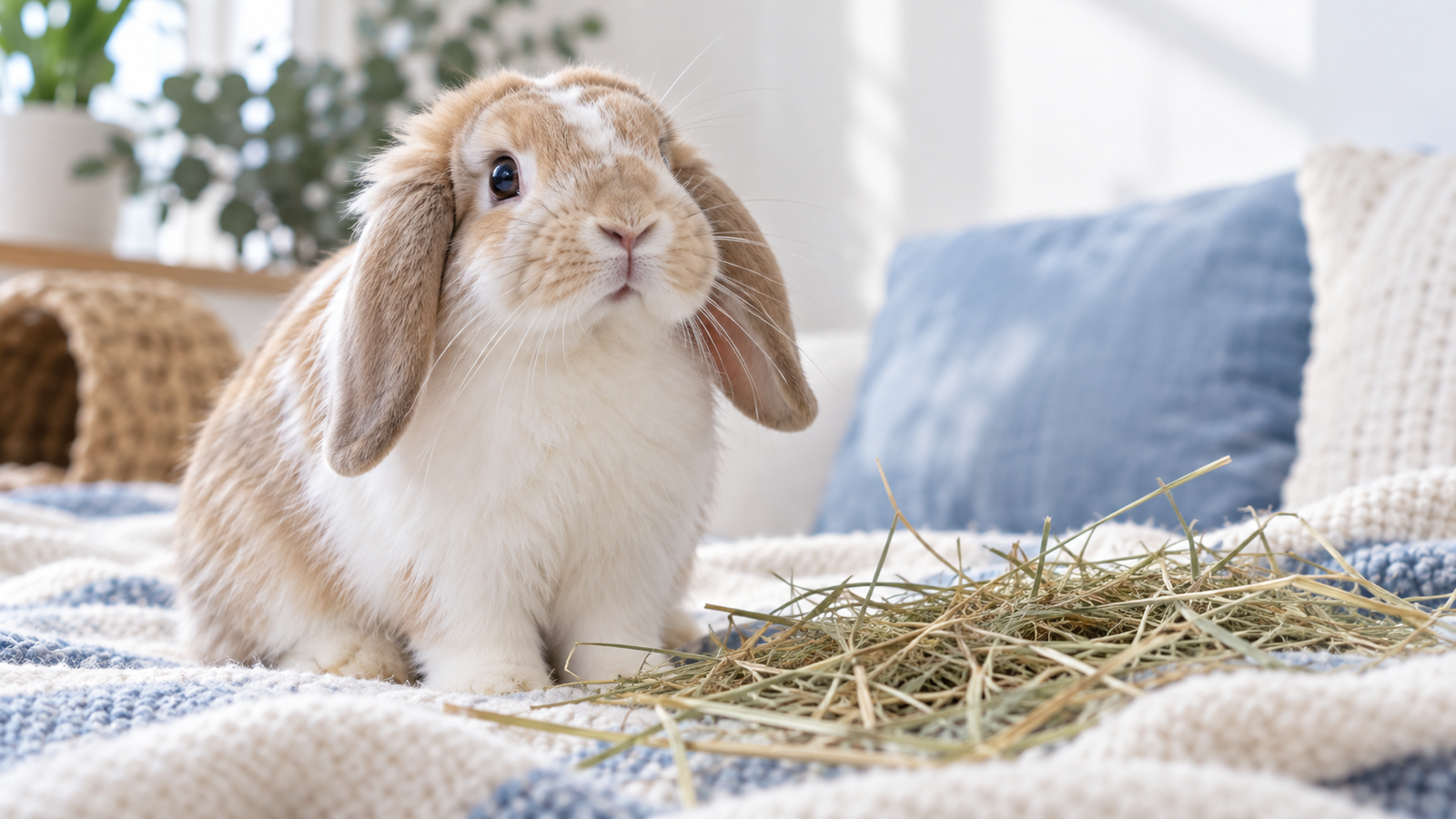 Lapin bélier près de son foin dans un intérieur lumineux