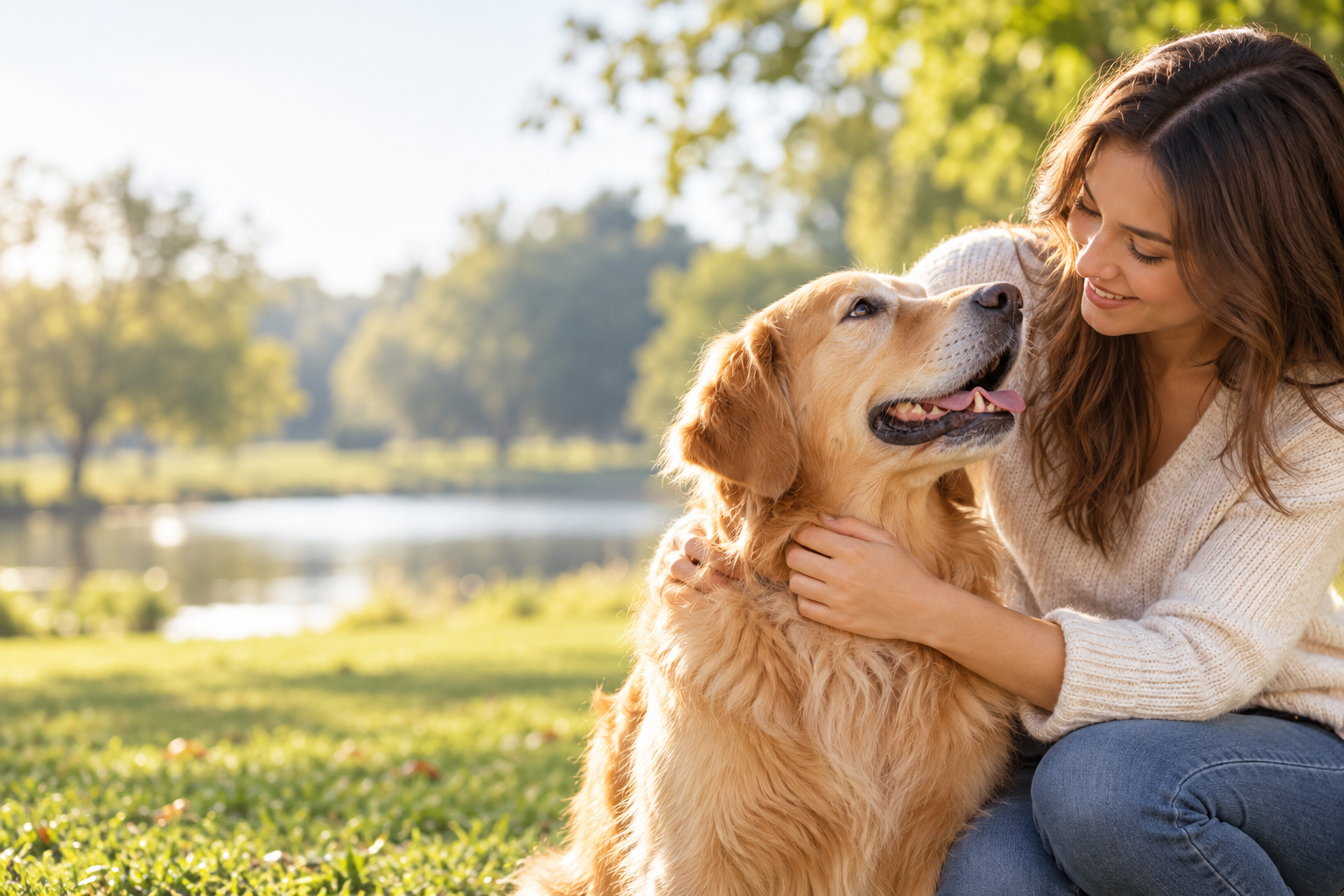 Une femme caresse son chien golden retriever dans un parc
