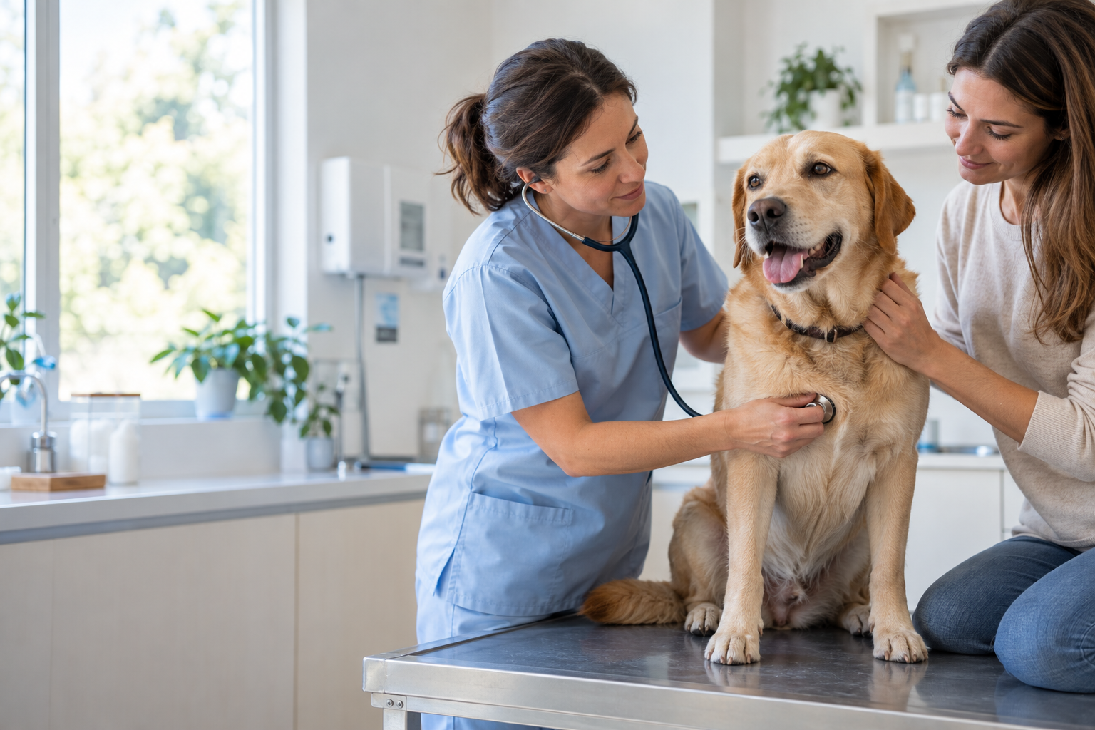 Chien examiné par une vétérinaire pendant une consultation de prévention