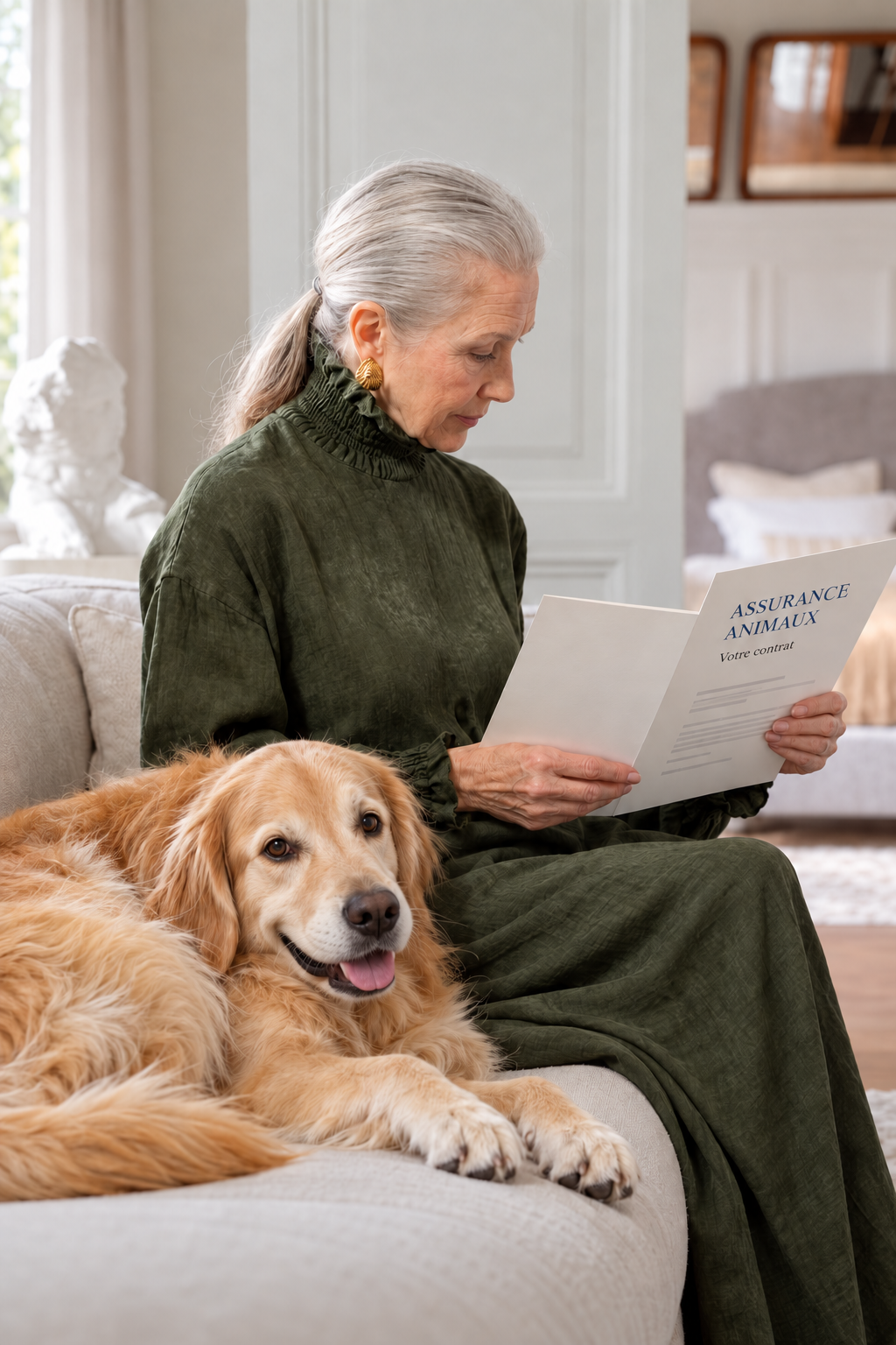 Une dame senior lit un contrat d’assurance animaux avec un Golden Retriever à ses côtés