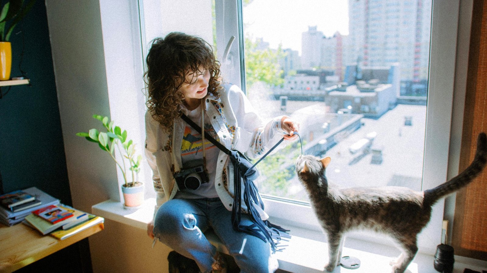 Jeune femme et son chat tigré près de la fenêtre
