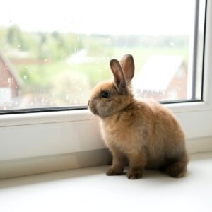 Jeune lapin assis près d'une fenêtre lumineuse à la maison